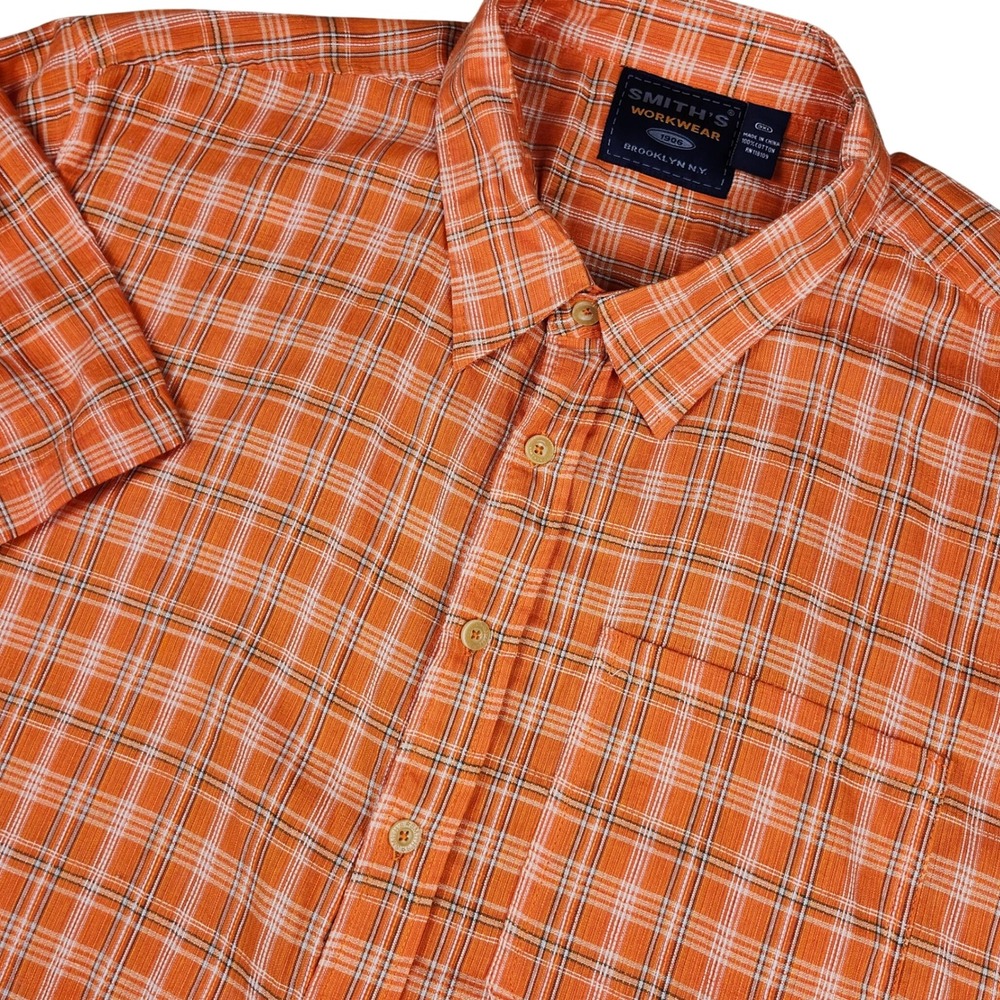 Smith's Workwear Button Down Shirt Mens 3XL Orange Plaid Short Sleeve Cotton